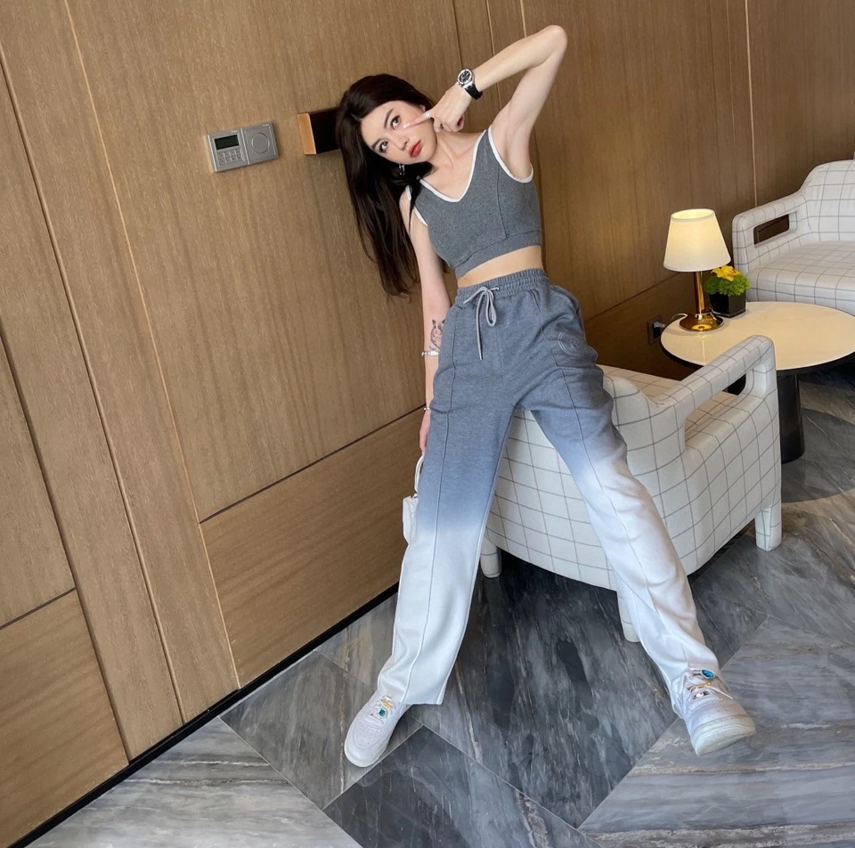 

2021 Summer Classic Fashion Letter Logo Print Brand Luxury Design Casual Versatile Gradient High Waist Wide Leg Pants Women A2