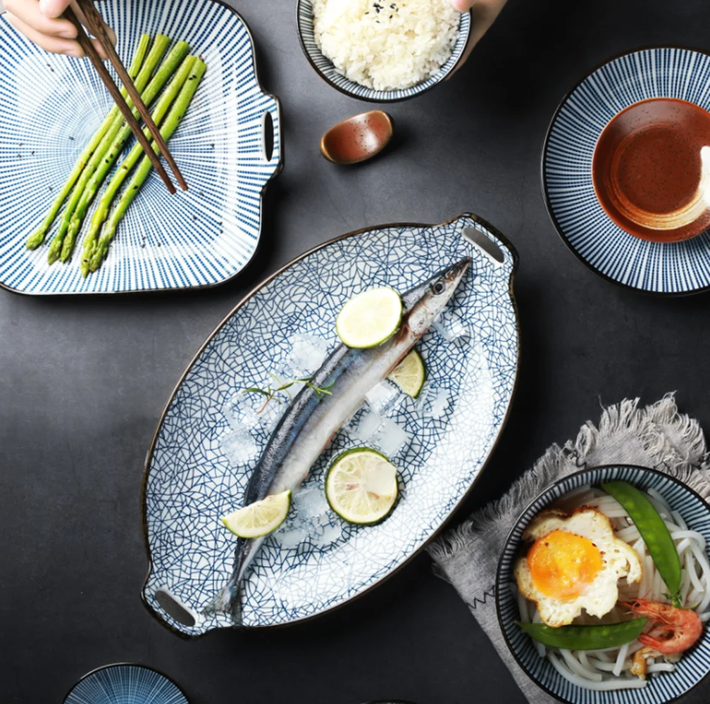 Японская домашняя керамическая тарелка в стиле ретро овальная посуда с двумя