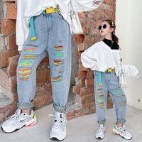 kids denim trousers childrens clothing korean fashion high waist belt jeans slim color hole ripped pants for teen girls 5 14yrs