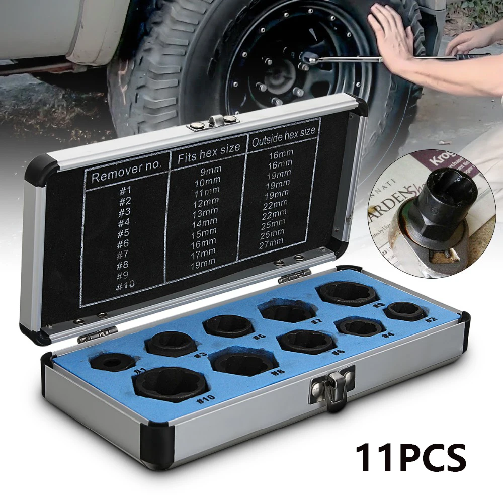 

11Pcs 9-19mm Damaged Nut Bolt Screws Remover Kit Stud Extractor Tools Locking Socket Hand Threading Tools Kit