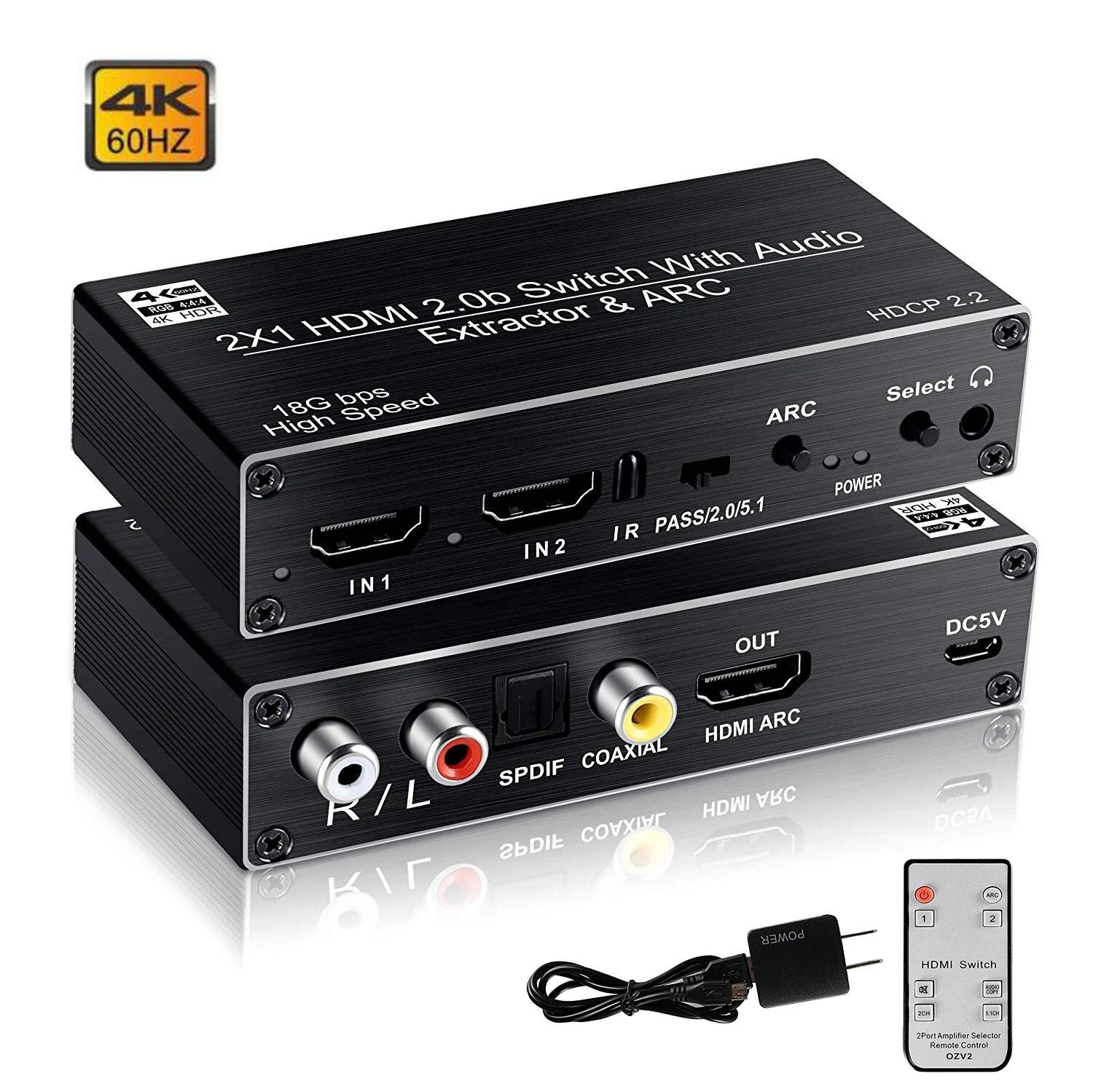 HDMI переключатель 2x1 4K @ 60 Гц 2.0b аудио экстрактор с Toslink оптический и RCA SPDIF
