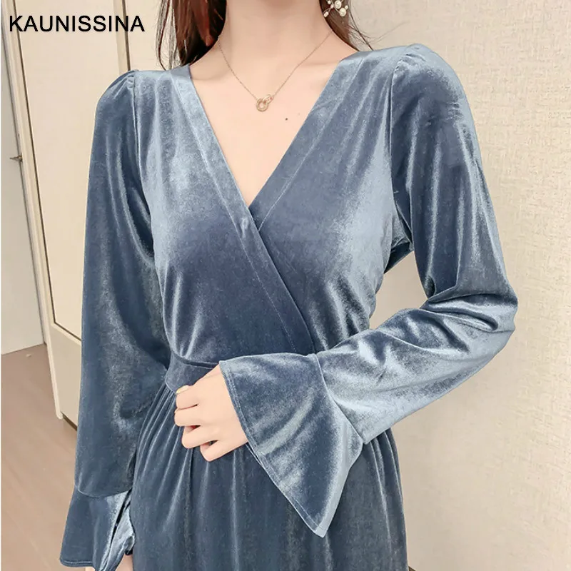 KAUNISSINA осенне-зимнее платье, коктейльное платье, длинный рукав, v-образный вырез, бархатное Клубное платье, элегантные коктейльные платья