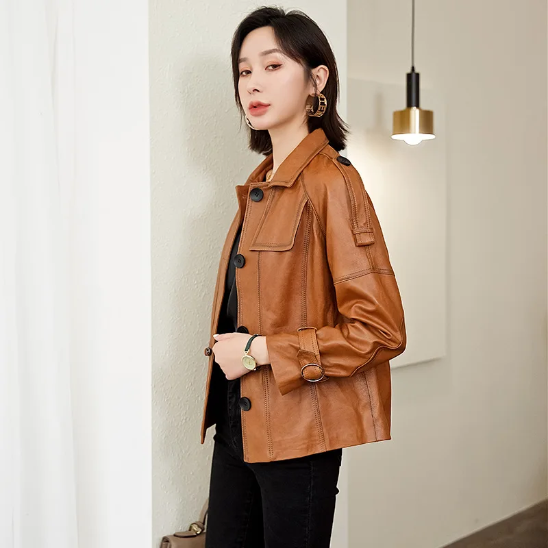 

Leather 100% Real Short Jacket Women Street Sheepskin Slim Biker Coat Autumn Vintage Single Breasted OL Casual Jacket Female