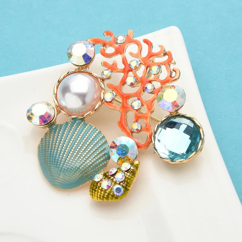 

Wuli&baby Pearl Shell Flower Brooches For Women Sea-Animal Flower Party Office Brooch Pins Gifts