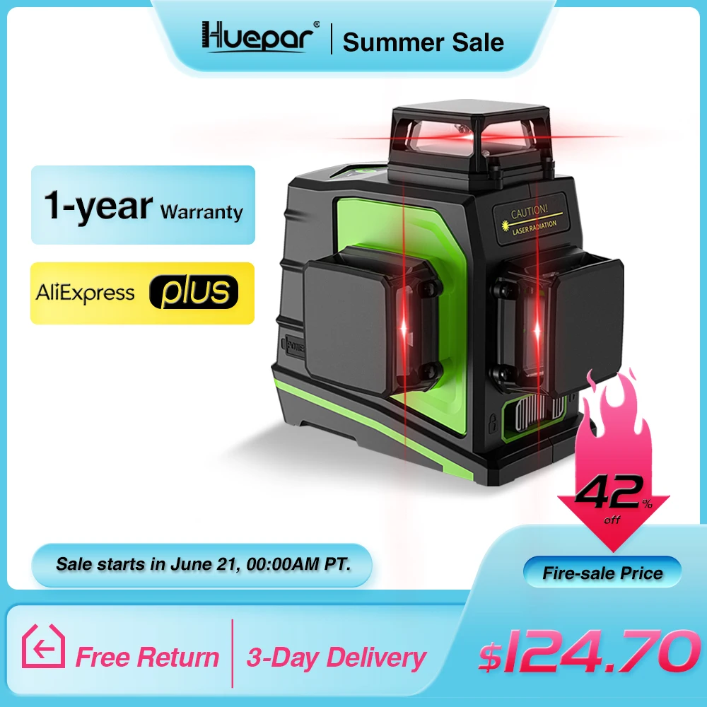 Huepar 12 линий 3D перекрестный лазерный уровень самовыравнивающийся 360 градусов по