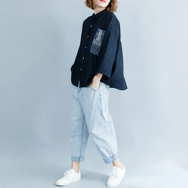 Женская рубашка с накладной карман [Bazhenova] легкая тонкая хлопковая рукавом девять