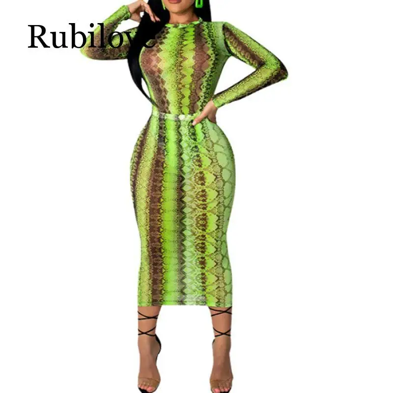 

2019 Women Party Club Dress Summer Sexy Sheer Bandage Bodycon Dress Long Sleeve Neon Green Snake Print Transparent Mesh Dress