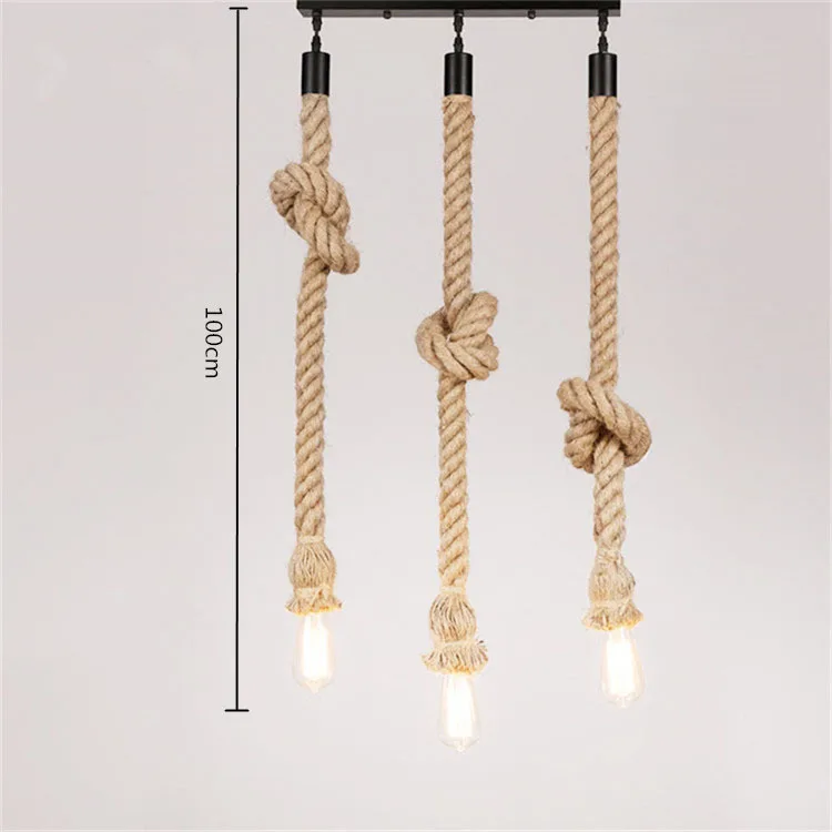 Подвесной ретро светильник из пеньковой веревки с тремя головками E27 держатель