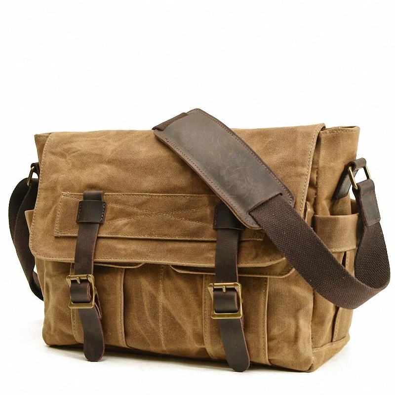 Messenger Bag for Men Vintage Water Resistant Waxed Canvas 14 inch Laptop Briefcase Padded Shoulder Bag for Men Women