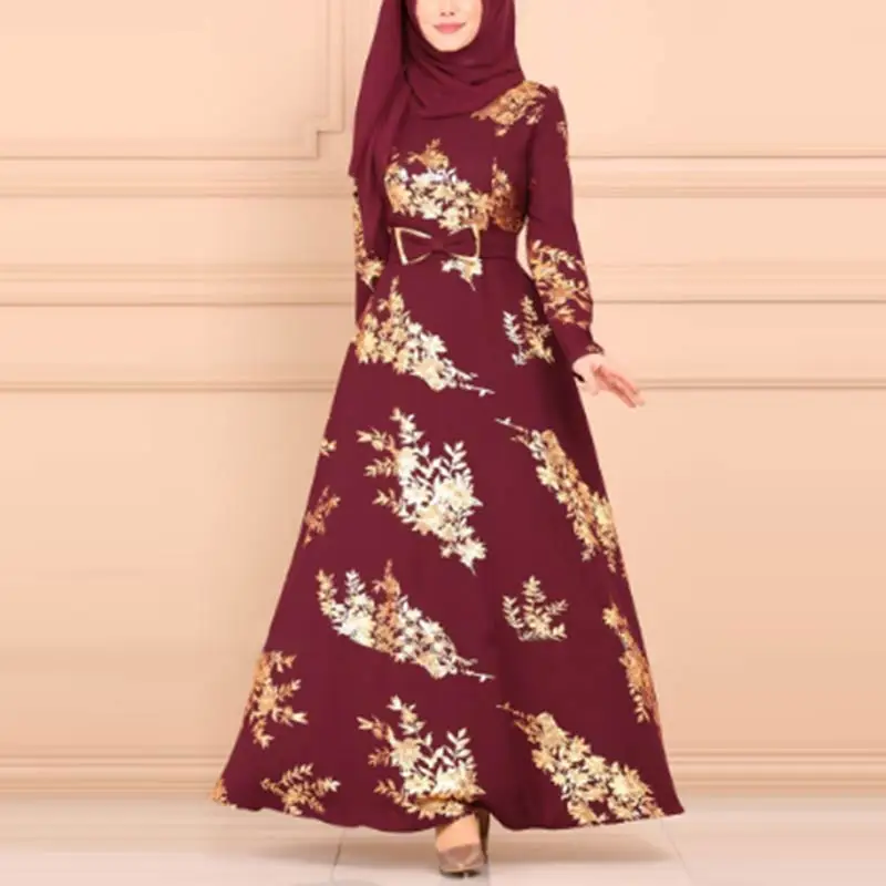 Winered MISSJOY мусульманское женское платье для торжественных вечерних вечеринок с бантом и бантом; элегантная Турецкая мусульманская одежда с принтом; Плать - Цвет: Winered