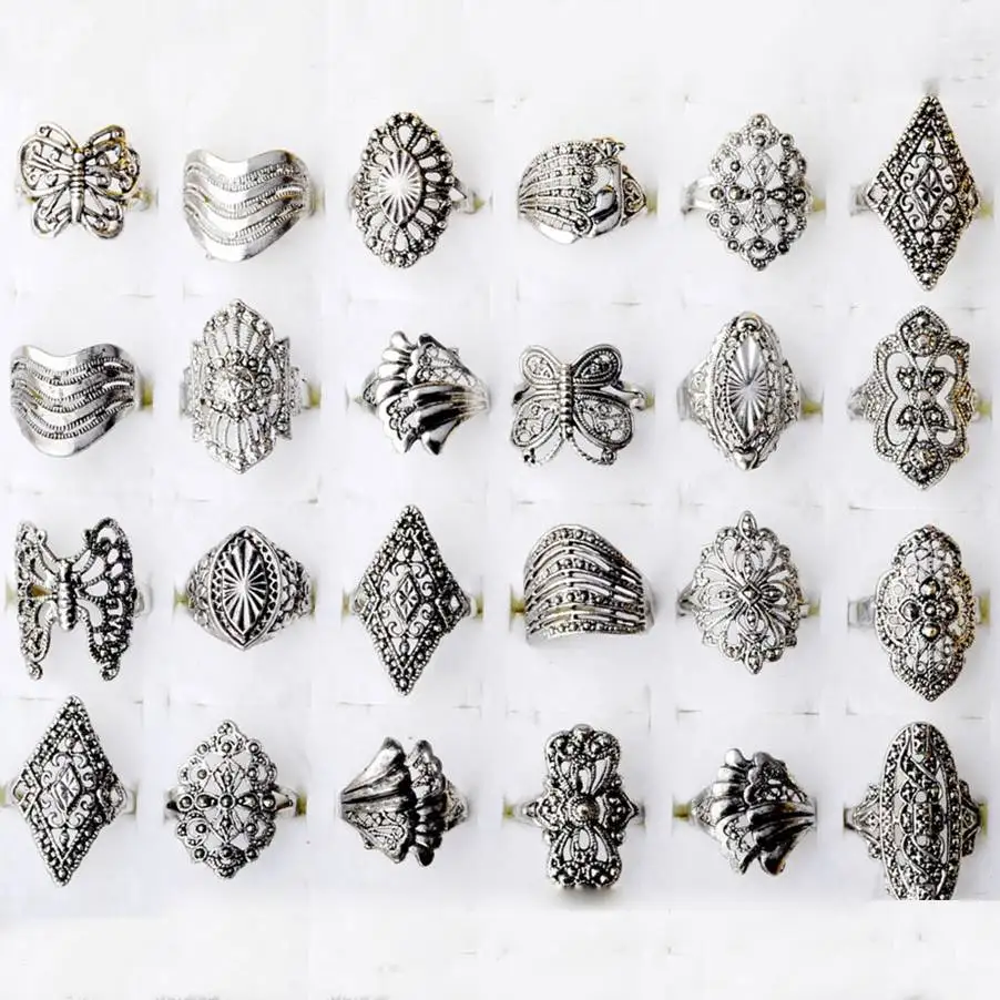 10Pcs Bulk Jewelry Lots Mixed Style Tibet Silver Vintage Band Rings For Women Wholesale Charm 18mm | Украшения и аксессуары