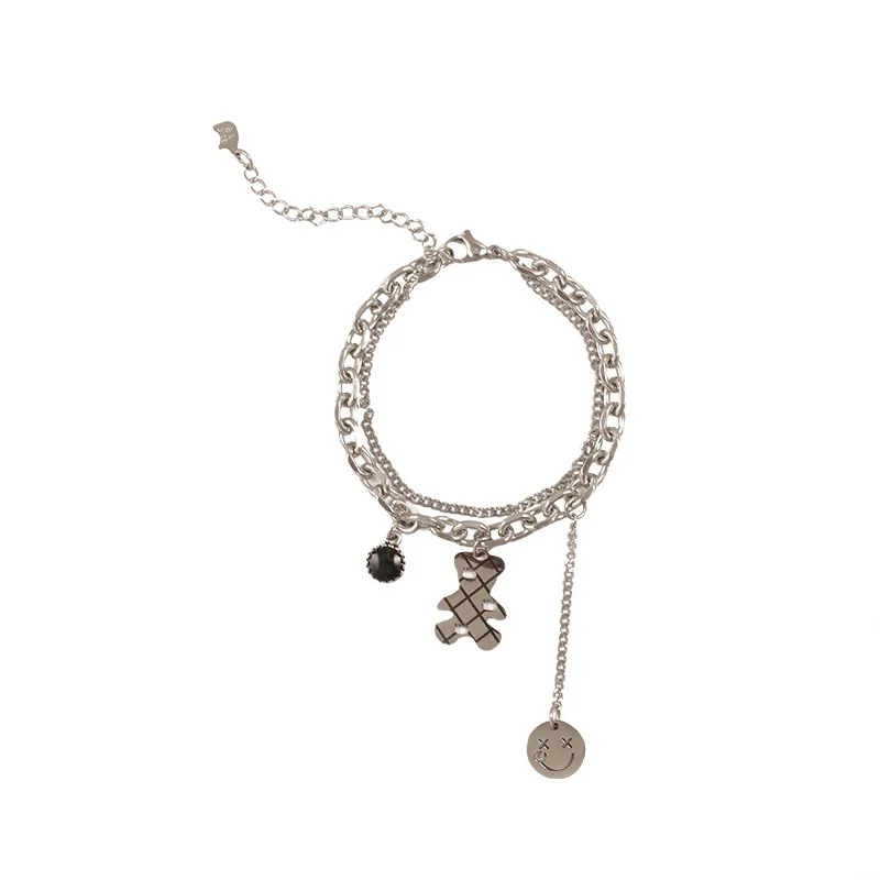 

LOVOACC Vintage Plaid Bear Smile Pendant Bracelet for Women Double Layers Chunky Cuban Chain Beads Charm Bracelets Accessories