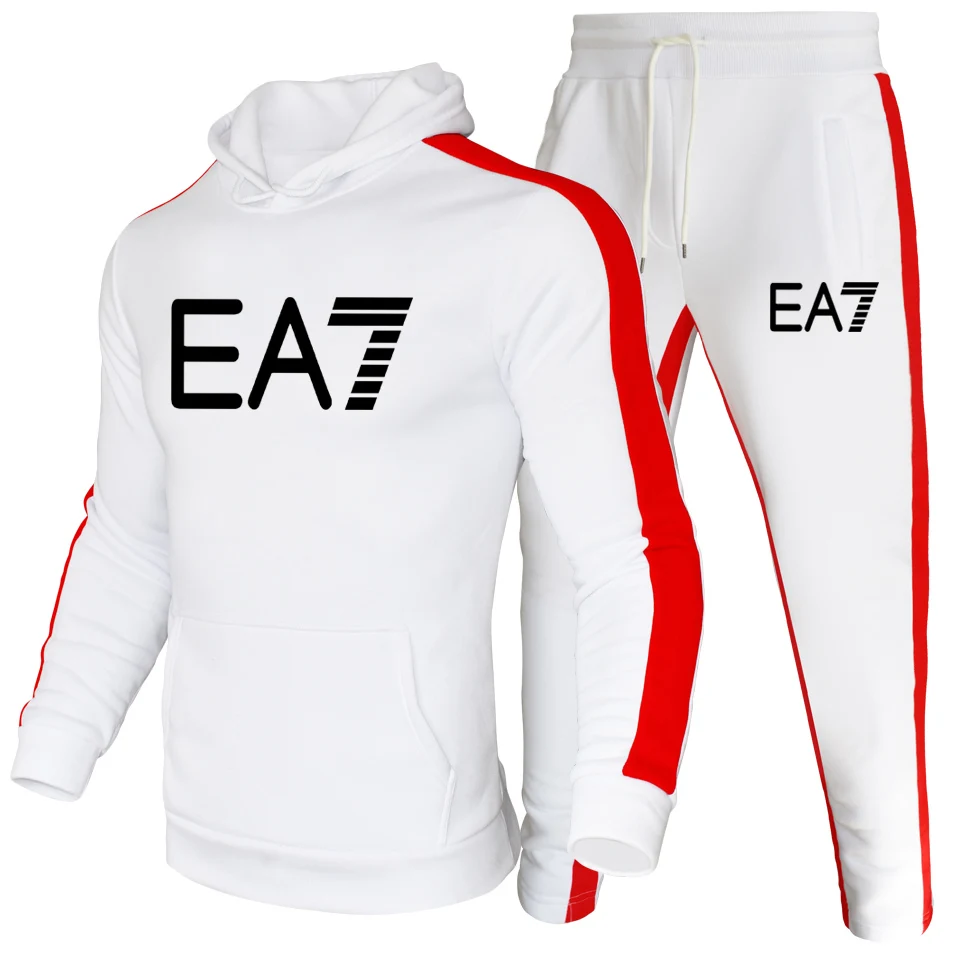 

2021 autumn and winter new brand men's hoodie + sweatpants two-piece striped fleece pullover outdoor jogging fitness clothes