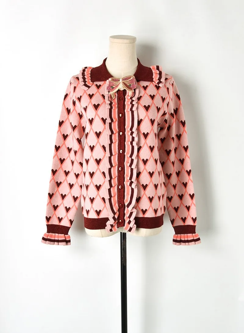 Женский зимний плотный жаккардовый кардиган с оборками длинным рукавом и