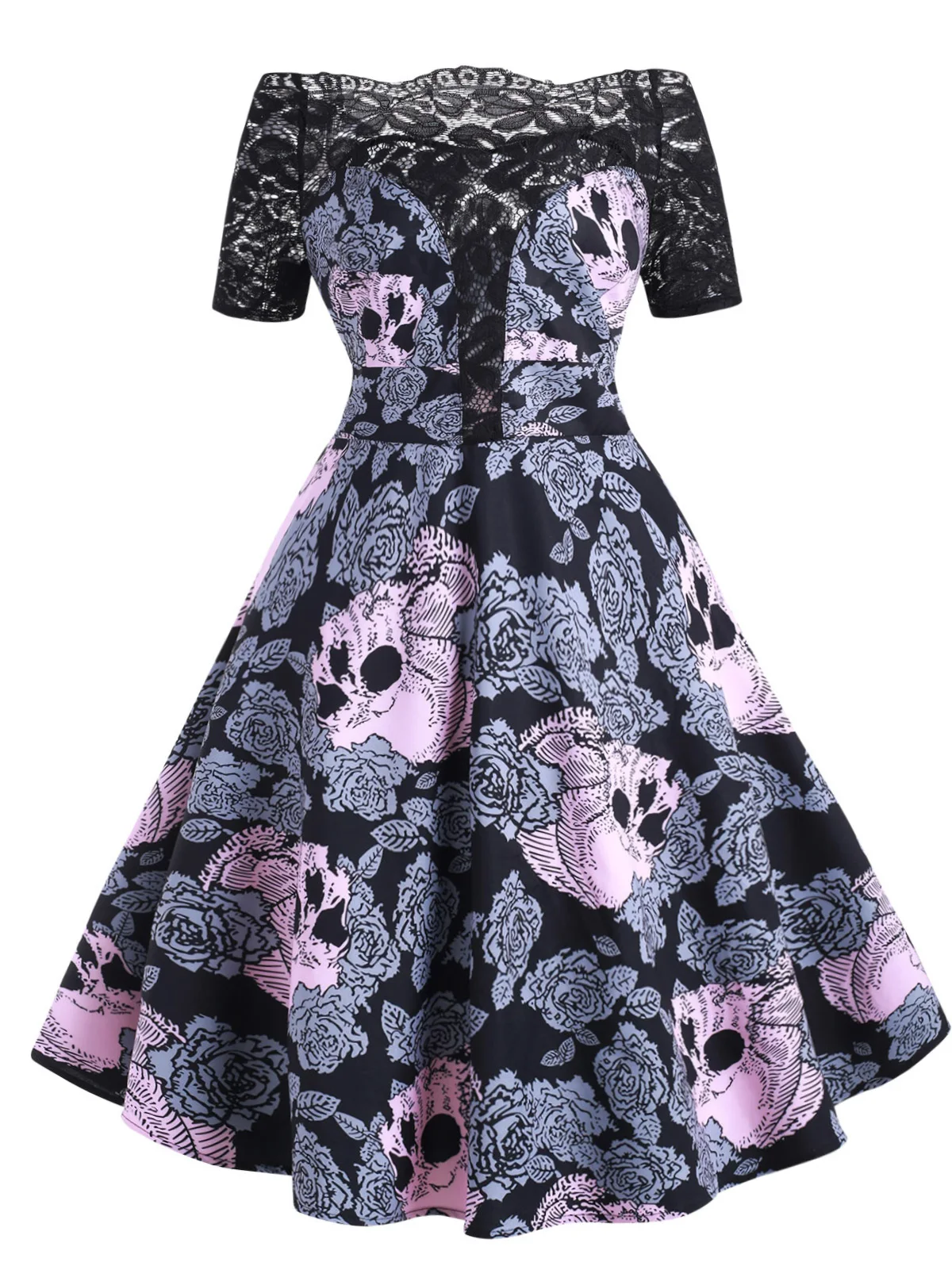 ROSEGAL Новое Кружевное ретро платье на Хэллоуин с цветочным принтом и черепом