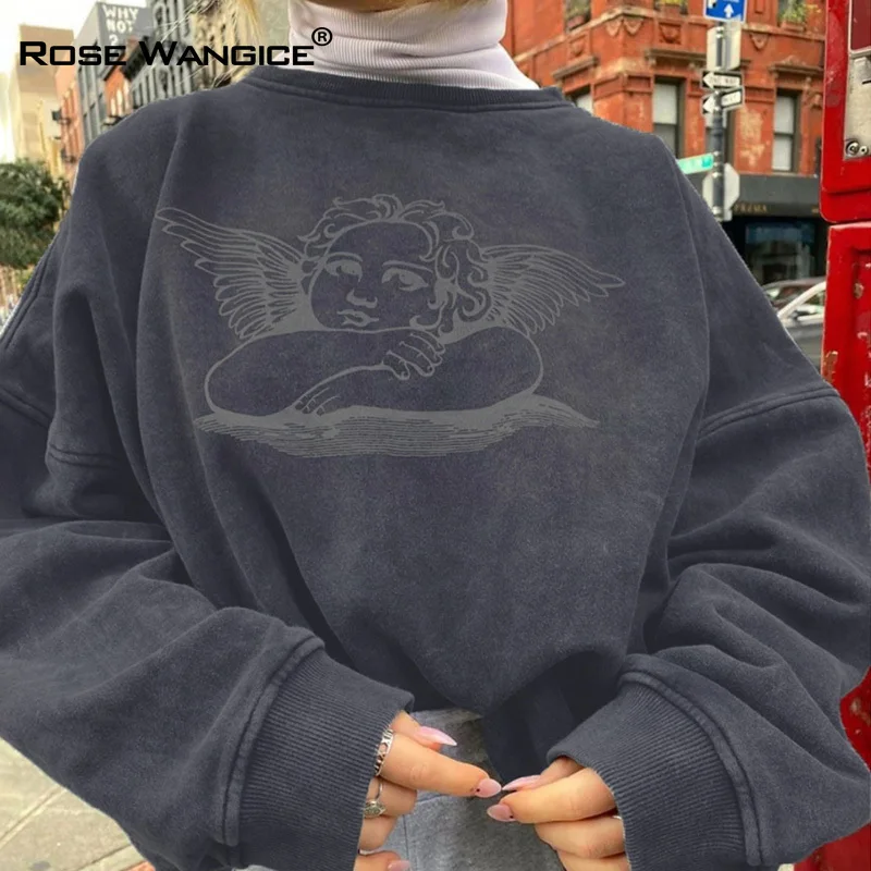 

Rose Wangice Women Angle Print Hoodies Casual Loose Oversize Long Sleeve Sweatshirts Autumn Winter Fashion Streetwear Outfit
