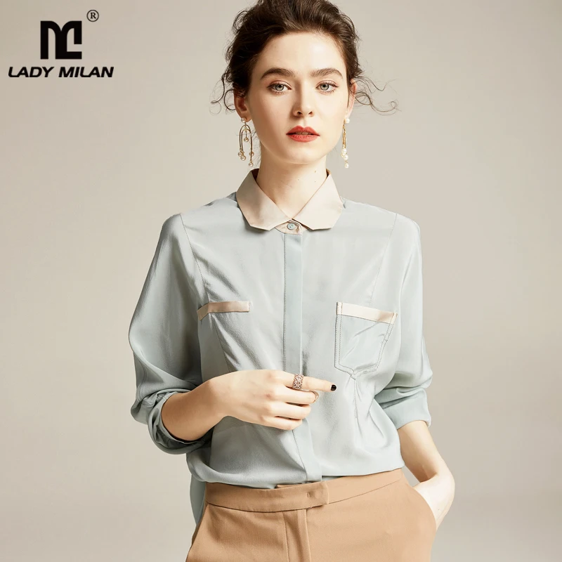 100% чистый шелк Женские рубашки отложной воротник цвет блок с длинным рукавом