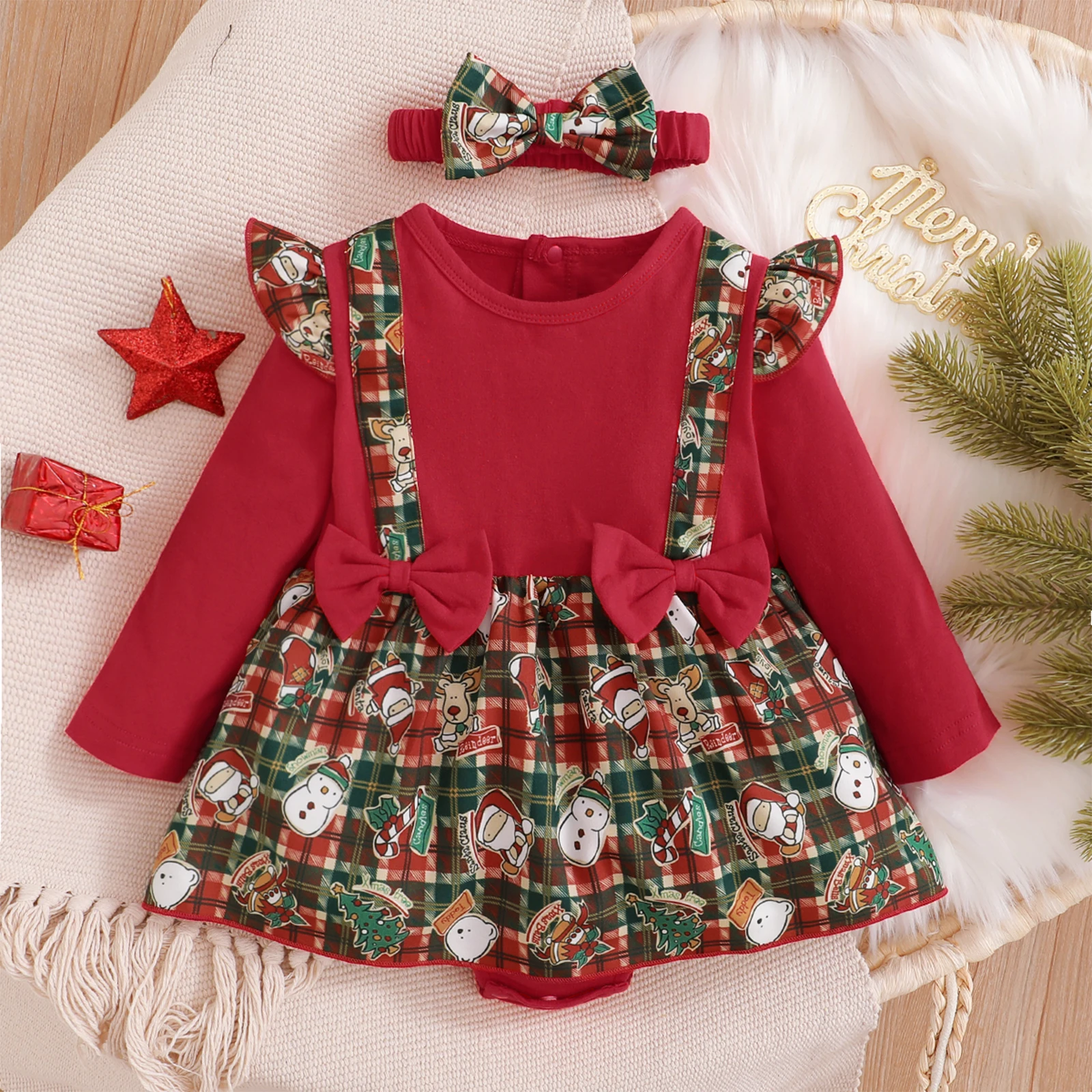 

Ma&Baby 0-18M Christmas Newborn Infant Baby Girls Rompers Long Sleeve Bow Plaid Santa Print Jumpsuit Xmas Clothing Costumes D35