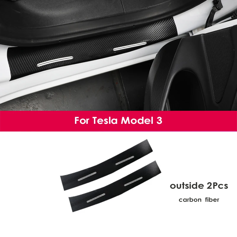 

Leather Car Door Sill Plate Pedal Cover Trim Carbon Fiber Outside Door Sill Scuff Plate Sticker 2Pcs For Tesla Model 3 2021-2017