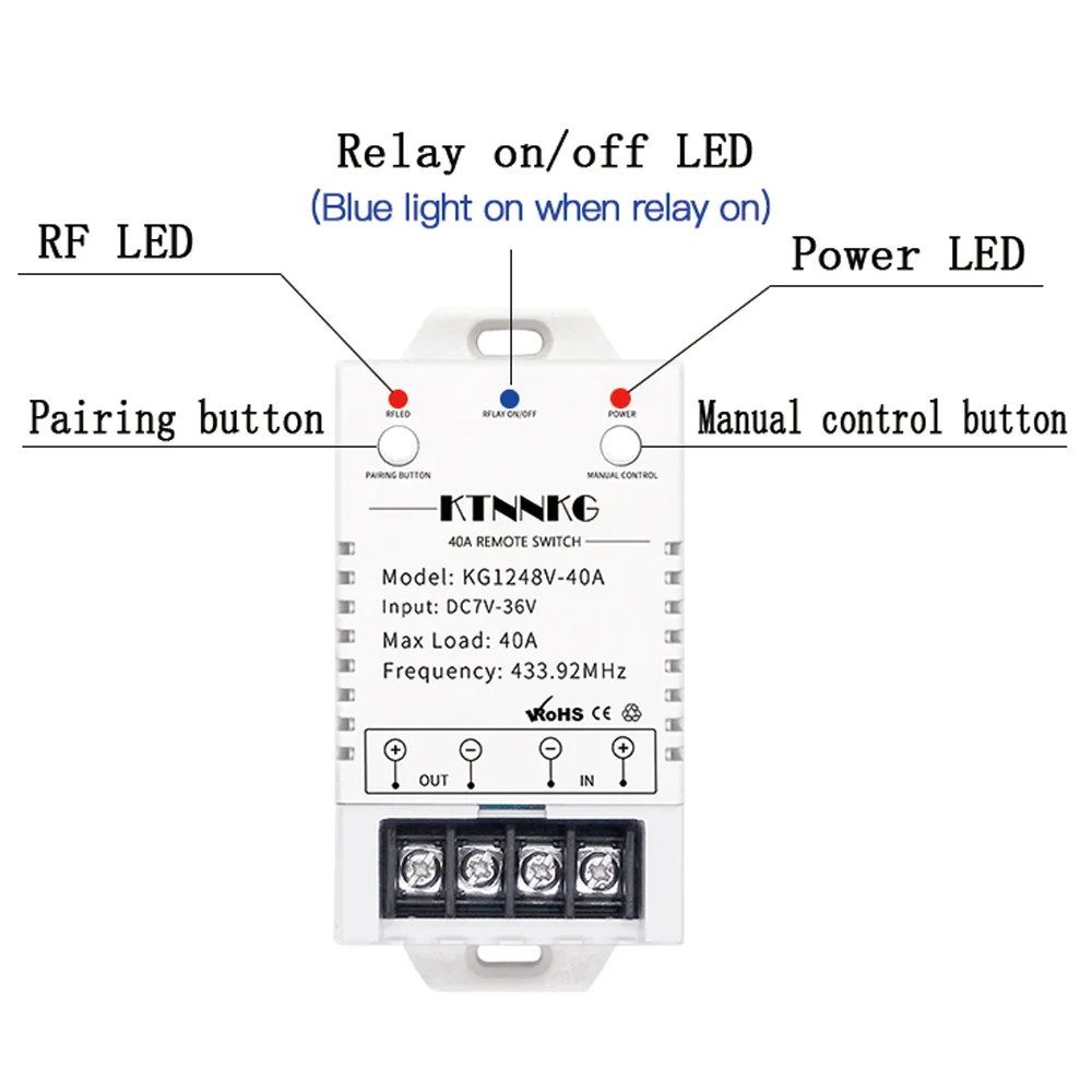 DC7-36V KTNNKG 40A relay remote control switch with wall touch transmitter for controlling high-power appliances up to 4000W |