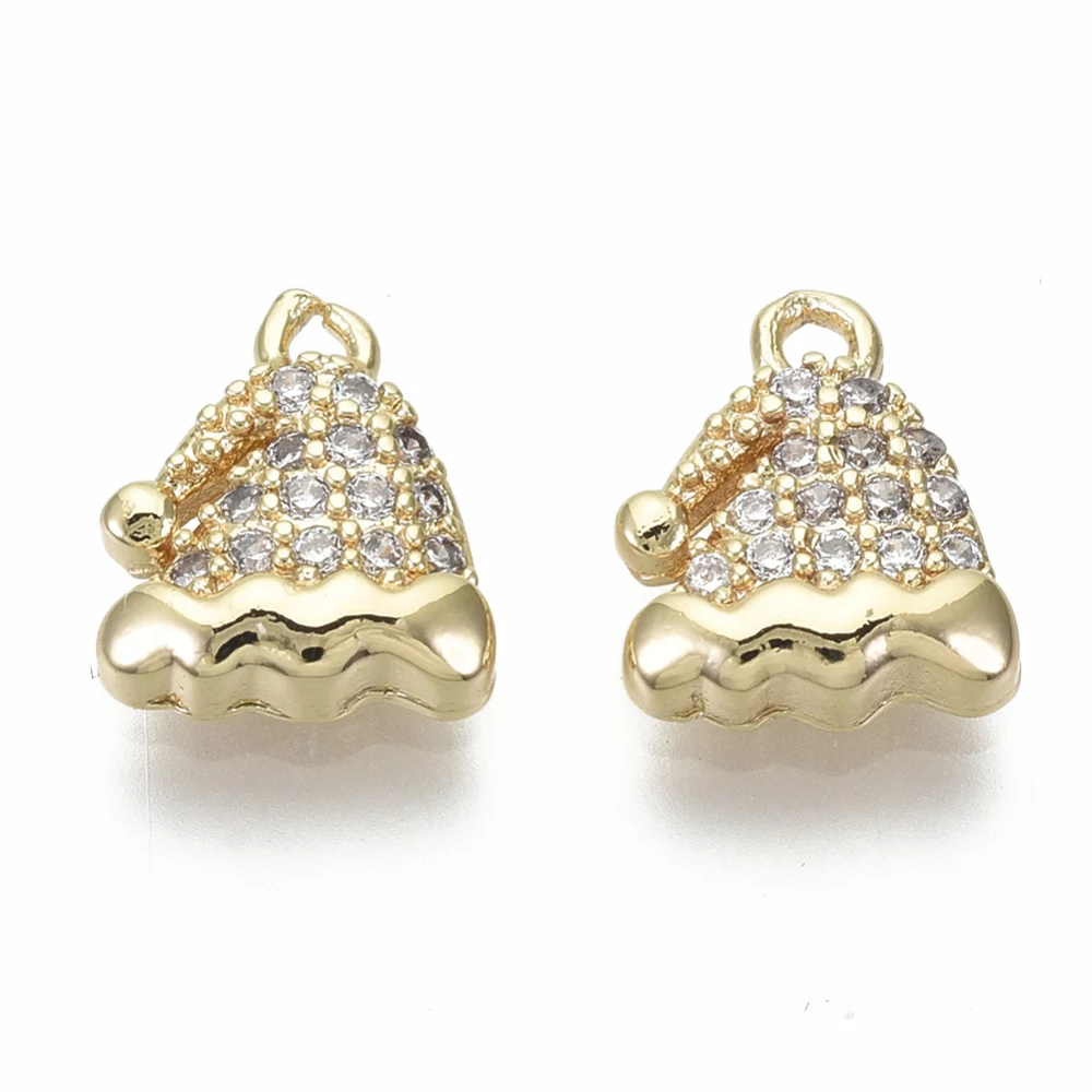 

2PCS Brass Micro Pave Clear Cubic Zirconia Charms Nickel Free Christmas Hat Real 18K Gold 9.5x8x2.5mm Hole: 1mm