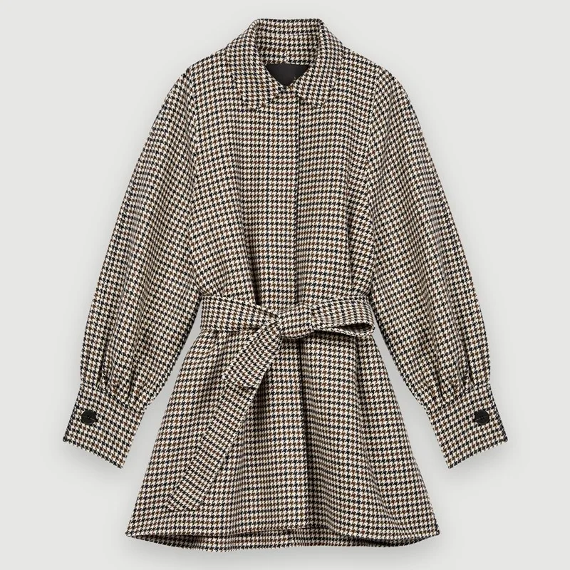 

M's Fadan new style British waistband lace up Lantern Sleeve thousand bird Plaid double faced overcoat