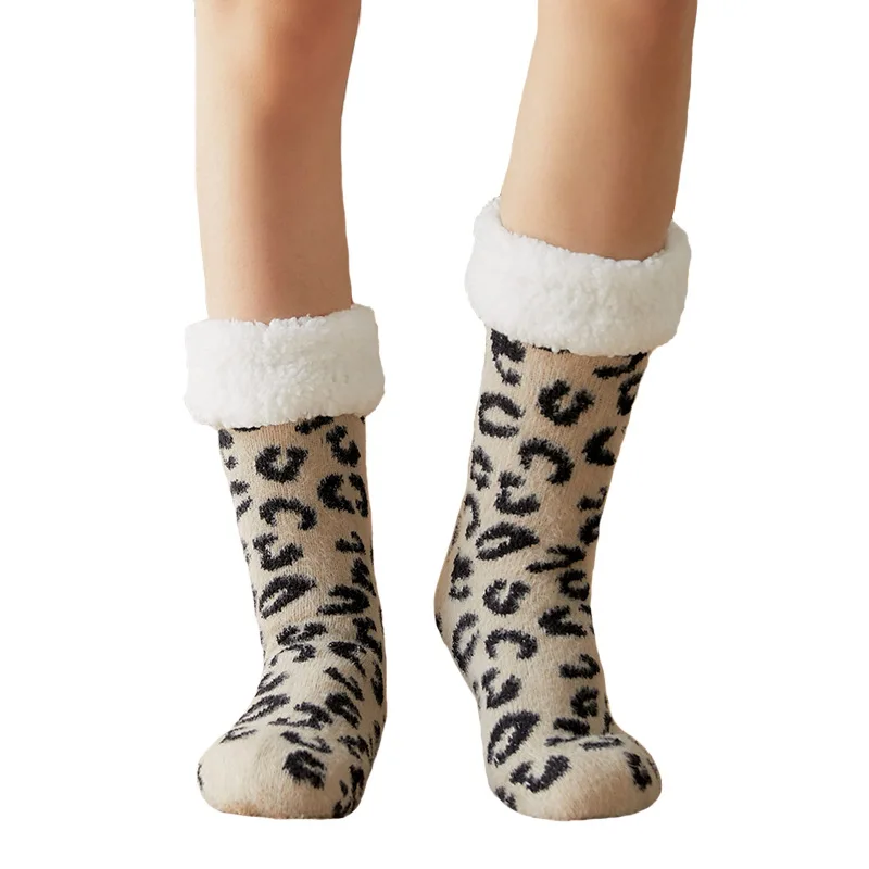 

warm cotton fluffy socks anti-slip cartoon floor socks winter thicken fleece leg warmers loepard knee ankle socks