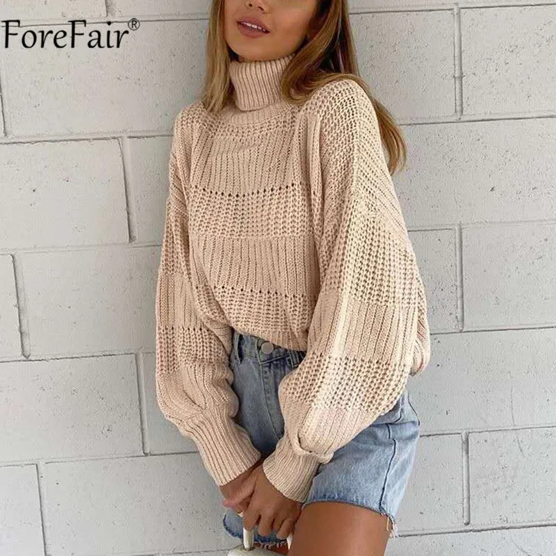 Forefair хаки свободный вязаный толстый женский свитер с рукавами-фонариками и