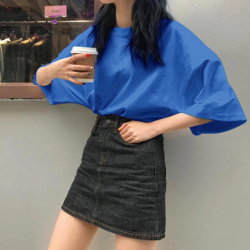 

T-shirt Women Short Sleeve Summer Long Korean Style Oversized Tops Harajuku All-match Solid Loose Leisure Students Tshirts Tees
