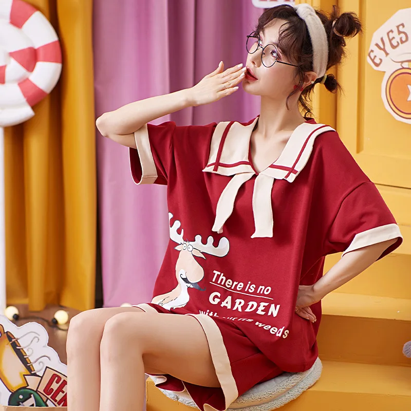 

Весенне-летняя женская домашняя одежда Losoe большого размера, пижамы в стиле колледжа, модная красная женская пижама с коротким рукавом и мул...