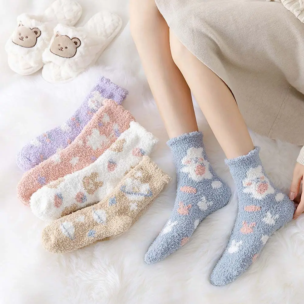 Женские носки из кораллового флиса с мультяшным медведем и кроликом средней