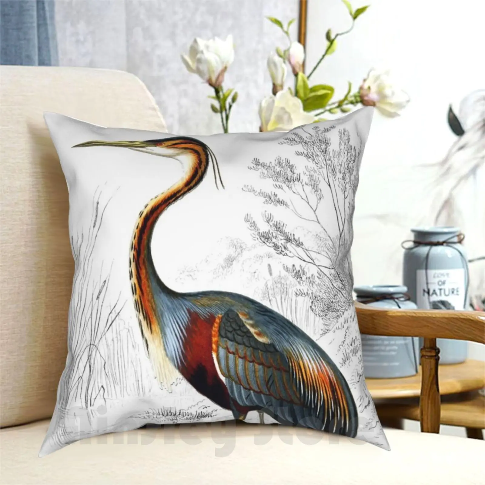 

Colorful Heron Antique Artprint Pillow Case Printed Home Soft Throw Pillow Nature Jungle Spring Floral Petal Beautiful