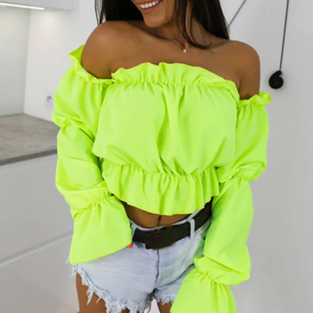 

2019 Candy Color Off Shoulder Crop Tops Women Summer Dot Print Lantern Sleeve Shirts Lady Sexy Slash Neck Beach Blouse