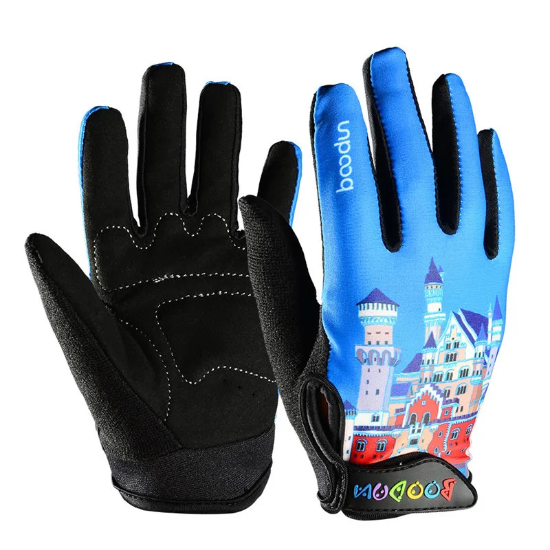 Синий Boodun Kids Cycling Microfiber Gloves for Boy Bike Racing Riding Long Finger Tough Screen 3D Gel Gloves for Sport Wear M L - Цвет: Синий