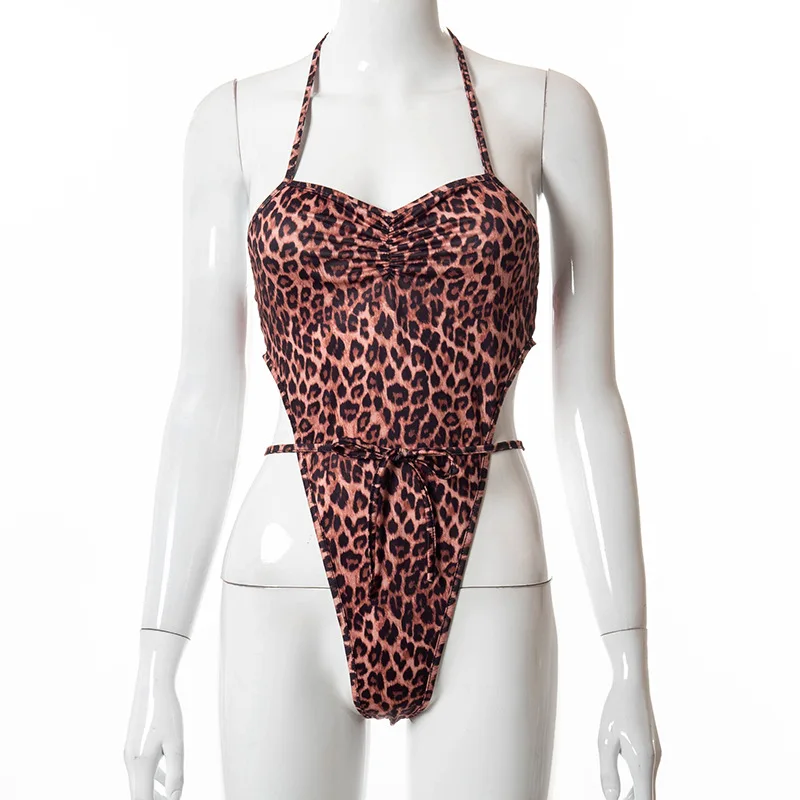 

Leopard Print Beach Wear Hollow Out Halter Sexy Jumpsuits Low Cut Women Bodysuits Casual Femmal Fashion Clothing Summer 2021