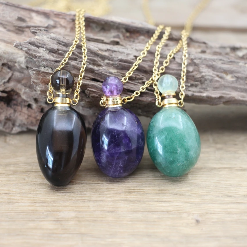 

Irregular Egg Stone Gems Perfume Bottle Pendant Chains Amethysts Smoky Quartzs Essential Oil Vial Charms Necklace Jewelry QC1052