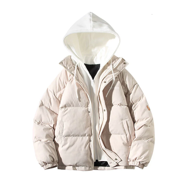 Winter Men's Fake Two-piece Jacket Warm New Fashion Thickened Hooded Casual Loose Cotton Padded Clothing  Black White Pink Coat