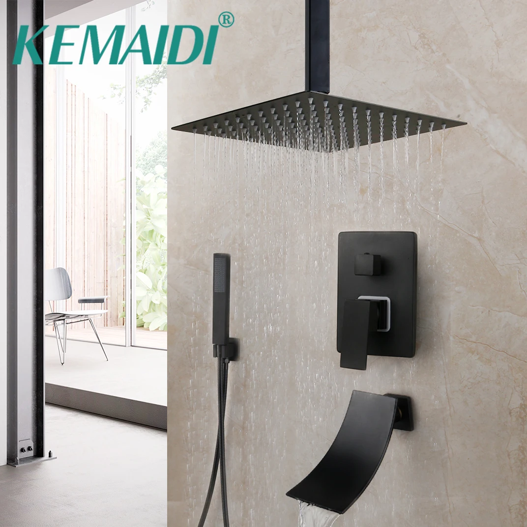 KEMAIDI Matte Black Bathroom Shower Faucet Rainfall Tub LED Bathtub Rain Square Head Waterfall Set | Обустройство дома