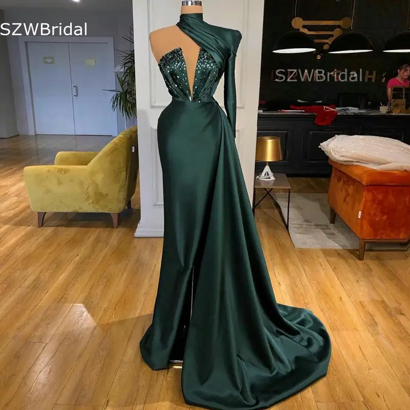 Элегантное арабское темно зеленое вечернее платье 2021 с длинными рукавами и