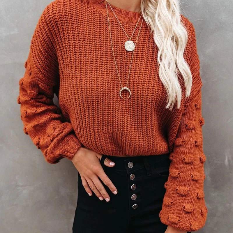 Женский свитер в горошек с длинными рукавами и круглым вырезом вязаный Свободный