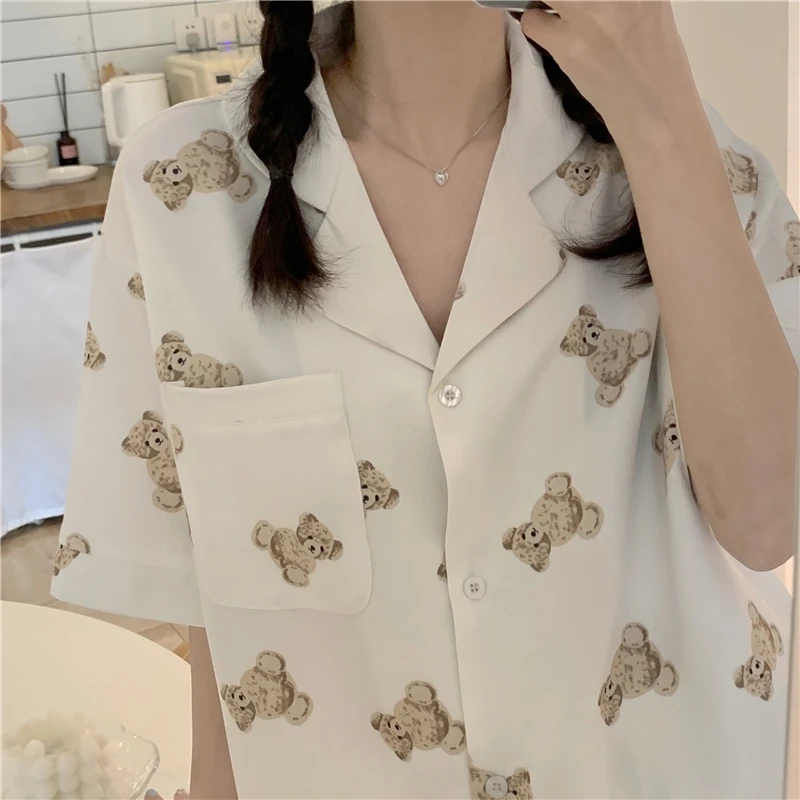 Cartoon Print Summer Pajamas Set Women Single Breasted Shirts + Shorts Sets Two Piece Home Suit Kawaii Bear Cotton Homewear