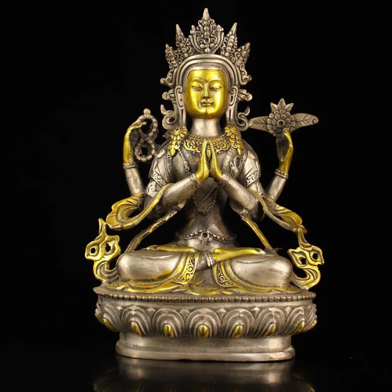 

8"Chinese Folk Collection Old Bronze Gilt silver Four-armed Guanyin Bodhisattva Sitting Buddha Enshrine the Buddha Ornaments
