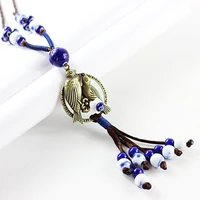 fashion women ceramic tassel pendant necklace vintage style handmade diy bird long rope sweater chain accessories