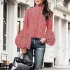 Весна 2021, рубашки ZANZEA, модная клетчатая офисная блузка для работы, Женская Повседневная Туника с длинными рукавами-фонариками, женские блузы