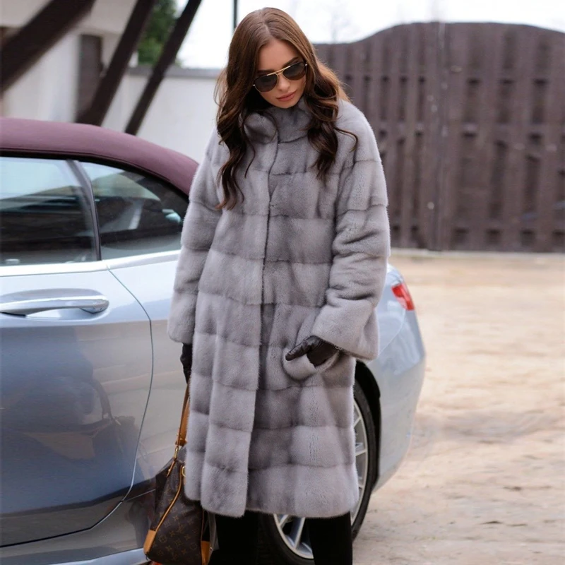 Luxury 100cm Long Mink Fur Coat Stand Collar High Quality Natural Full Pelt Mink Fur Jacket For Women Winter Overcoats Plus Size
