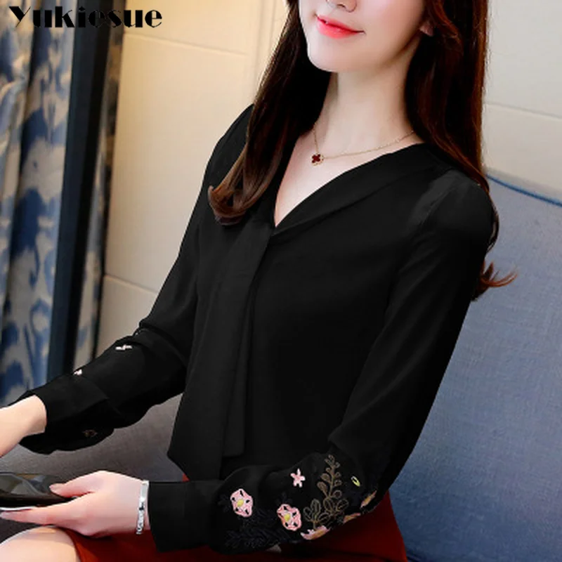 Женская шифоновая блузка с длинным рукавом и вышивкой топы блузки для офиса