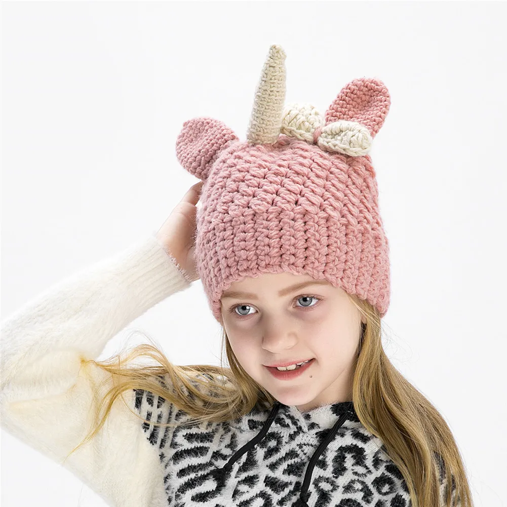 Детская шапка-бини с единорогом теплая вязаная шерстяная шапка бантом