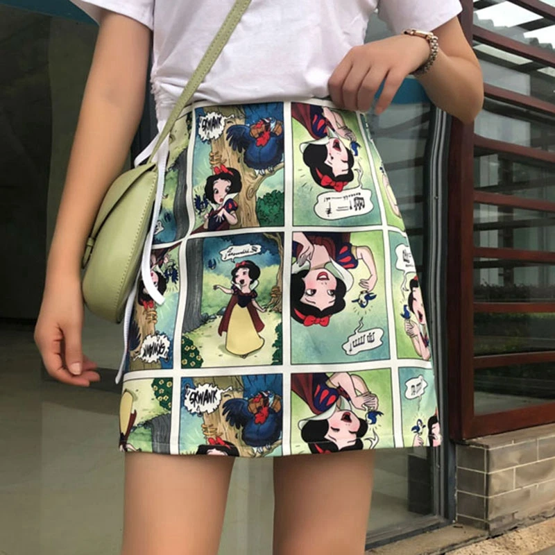 

Snow White Cartoon Print 90s Mini Summer High Waist Pencil Skirt Beach Warp Sheath Skirts A-Line Korean Chic Slim Girl