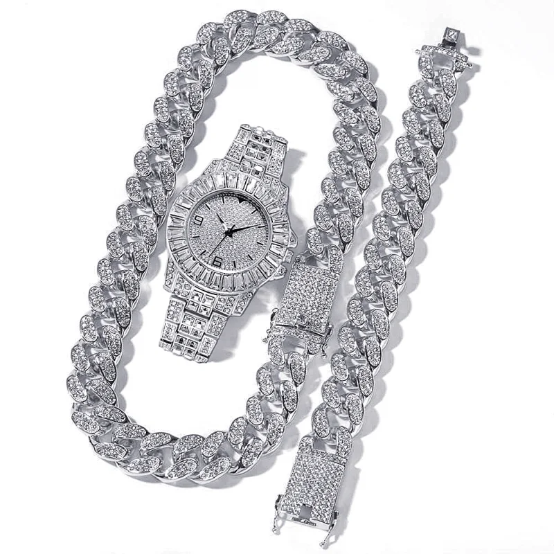 Iced Out Watch for Men Women Hip Hop Rapper Miami Cuban Chain Gold Necklace Paved Rhinestones Bling Watch Set Men Jewelry Choker full iced out watch mens cuban link chain bracelet necklace choker bling jewelry for men big gold chains hip hop men watch set