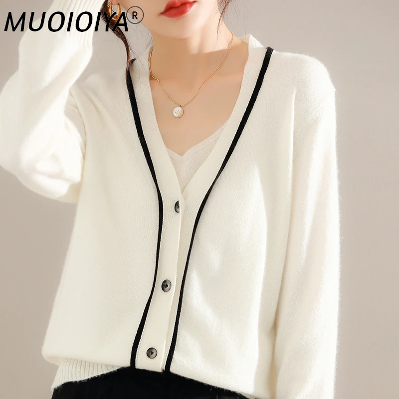 

Winter 100% Australian Wool Knitted Cardigans Women Hot Sale Vneck Long Sleeve Jackets Female Sweaters